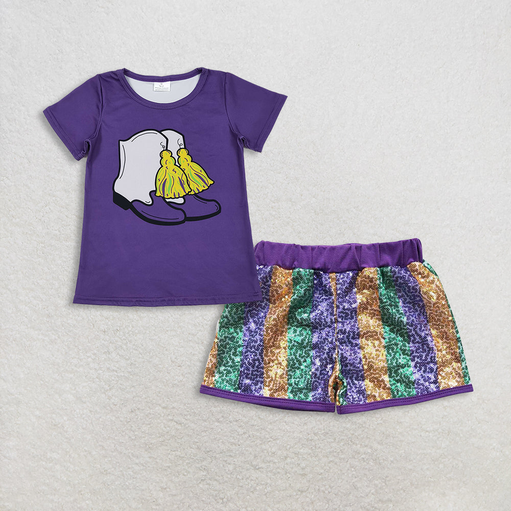 11.12 RTS NO MOQ （In stock）GT1254 + SS0116 Baby Girls Purple Boots Tassel Top Stripe Sequin Shorts Mardigras Clothes Sets