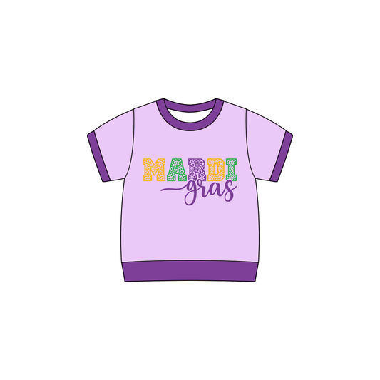 9.25 GT1257 Pre order No Moq Baby Girls Purple Short Sleeve Leopard Mardigras Tee Shirts Top