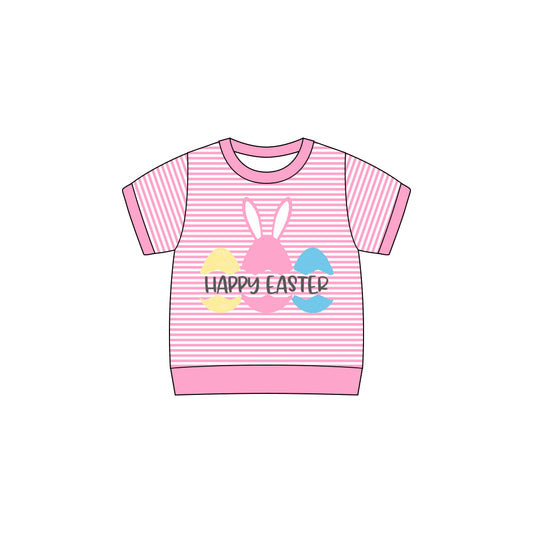 9.25 GT1258 Pre order No Moq Baby Girls Baby Girls Pink Stripe Short Sleeve Eggs Rabbit Happy Easter Tee Shirts Top