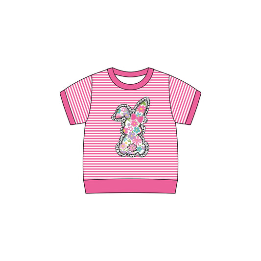 9.25 GT1259 Pre order No Moq Baby Girls Pink Stripe Short Sleeve Flowers Rabbit Easter Tee Shirts Top