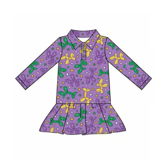 9.26 GT1260 Pre order No Moq Baby Girls Purple Long Sleeve Stars Dogs Mardigras Button Ruffle Top