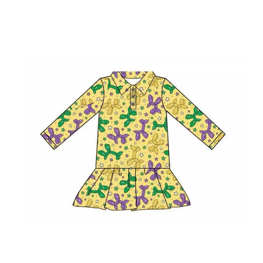 9.26 GT1261 Pre order No Moq Baby Girls Yellow Long Sleeve Stars Dogs Mardigras Button Ruffle Top