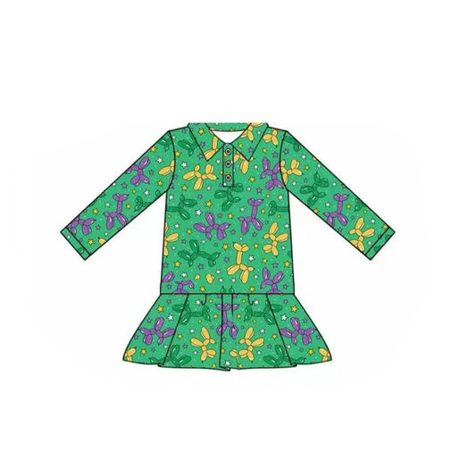 9.26 GT1262 Pre order No Moq Baby Girls Green Long Sleeve Stars Dogs Mardigras Button Ruffle Top
