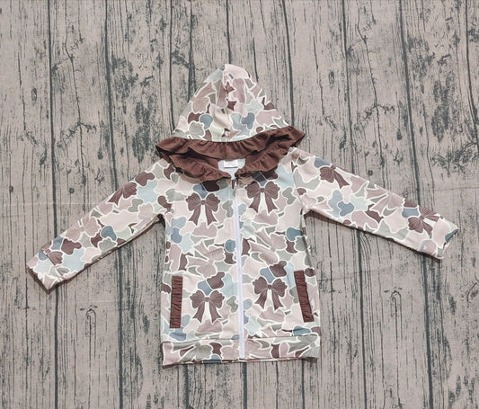 10.1 GT1263 XS-3XL Sample No Moq Baby Girls Grey Bows Camo Pockets Zipper Ruffle Hoodies Top