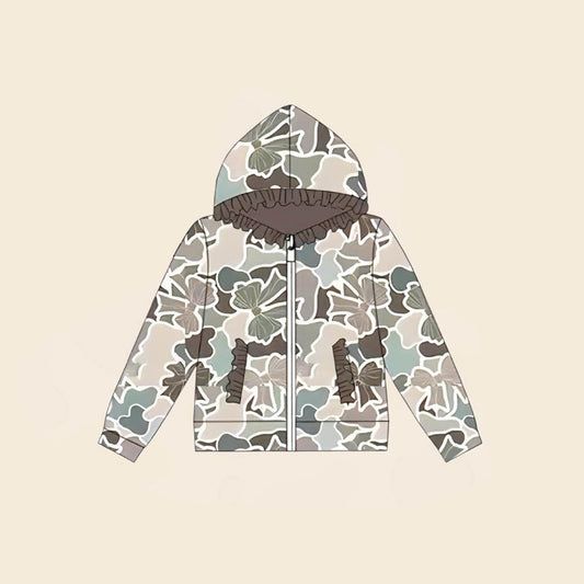 9.27 GT1263 Pre order No Moq Baby Girls Grey Bows Camo Pockets Zipper Ruffle Hoodies Top