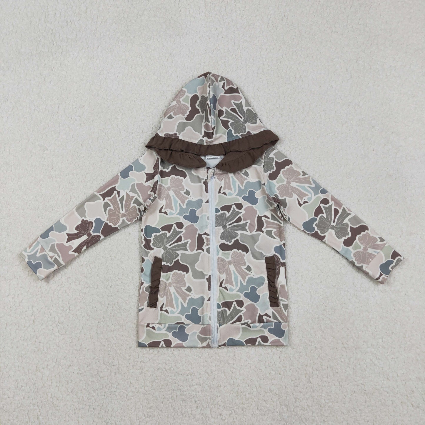 11.11 RTS NO MOQ （In stock）GT1263 Baby Girls Bows Camo Pockets Zipper Hunting Ruffle Hoodies Top
