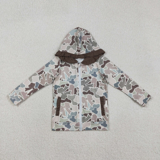 11.11 RTS NO MOQ （In stock）GT1263 Baby Girls Bows Camo Pockets Zipper Hunting Ruffle Hoodies Top