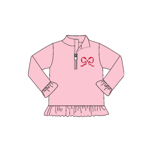 9.30 GT1270 Pre order No Moq Yoga fabric Baby Girls Long Ruffle Sleeve Bows Zipper Valentine Pullovers Top