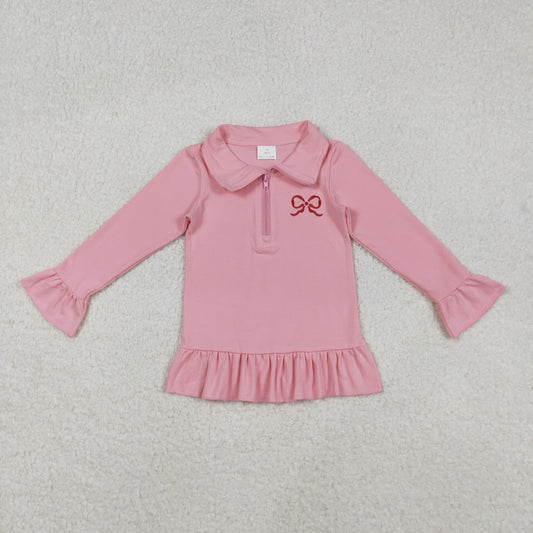 11.20 RTS NO MOQ （In stock）GT1270 Embroidery Bow Baby Girls Pink Long Ruffle Sleeve Zipper Valentines Pullovers Top