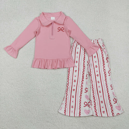12.3 RTS NO MOQ （In stock）GT1270+P0894 Embroidery Bow Baby Girls Pink Long Ruffle Sleeve Zipper Valentines Pullovers Top Flare Pants Bottom