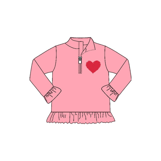 9.30 GT1271 Pre order No Moq Yoga fabric Baby Girls Pink Long Ruffle Sleeve Hearts Zipper Valentine Pullovers Top