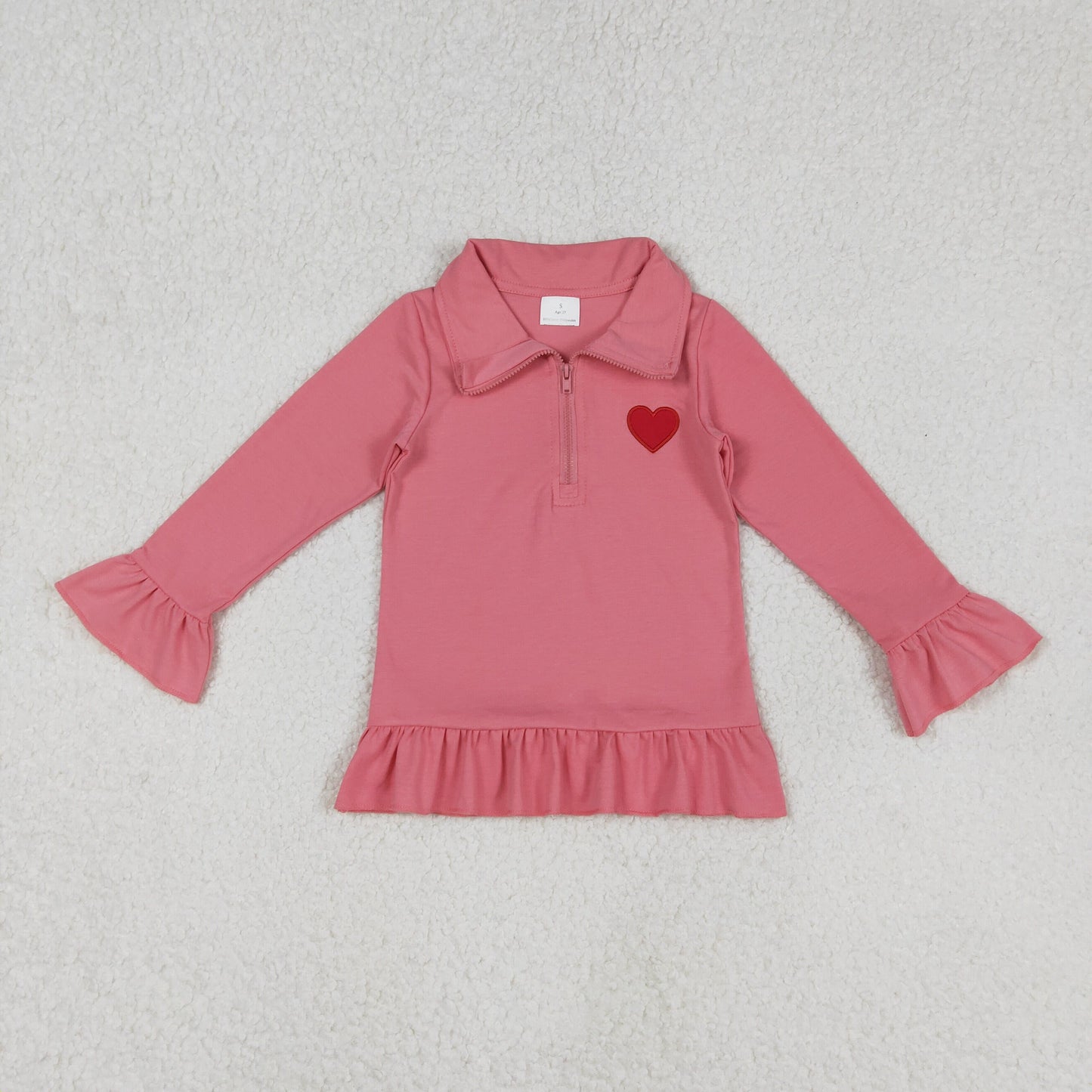 11.20 RTS NO MOQ （In stock）GT1271 Embroidery Hearts Baby Girls Long Sleeve Zipper Valentines Pullovers Top