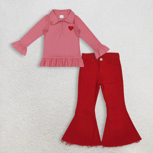 12.11 RTS NO MOQ （In stock）GT1271 + P0083 Embroidery Hearts Baby Girls Long Sleeve Zipper Valentines Pullovers Top Denim Bell Jeans Pants