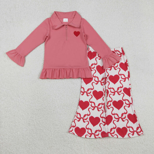 12.3 RTS NO MOQ （In stock）GT1271+P0895 Embroidery Hearts Baby Girls Long Sleeve Zipper Valentines Pullovers Top Bell Bottom Pants