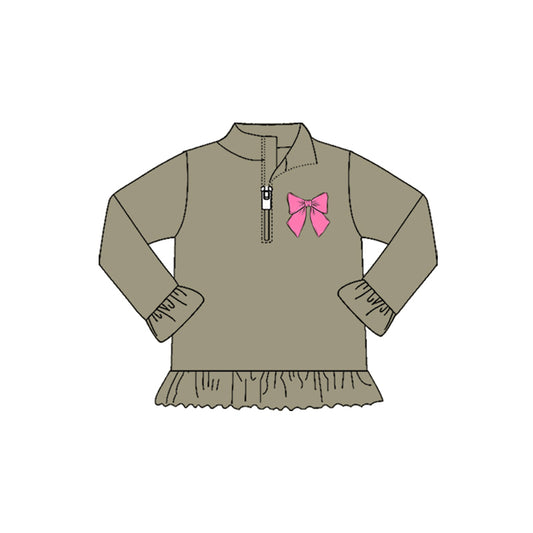 9.30 GT1272 Pre order No Moq Yoga fabric Baby Girls Long Ruffle Sleeve Bows Zipper Valentine Pullovers Top