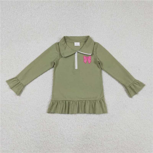 11.26 RTS NO MOQ （In stock）GT1272 Embroidery Bows Baby Girls Olive Long Ruffle Sleeve Half Zipper Pullovers Top