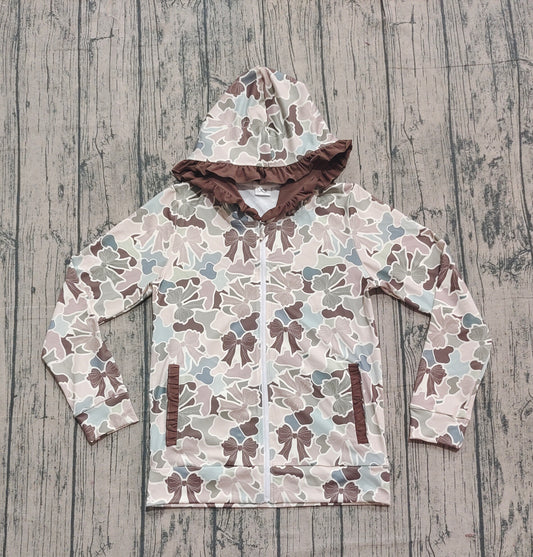 10.1 GT1273 Sample No Moq Adult Women Brown Khaki Bows Camo Pockets Zipper Ruffle Hoodies Jackets