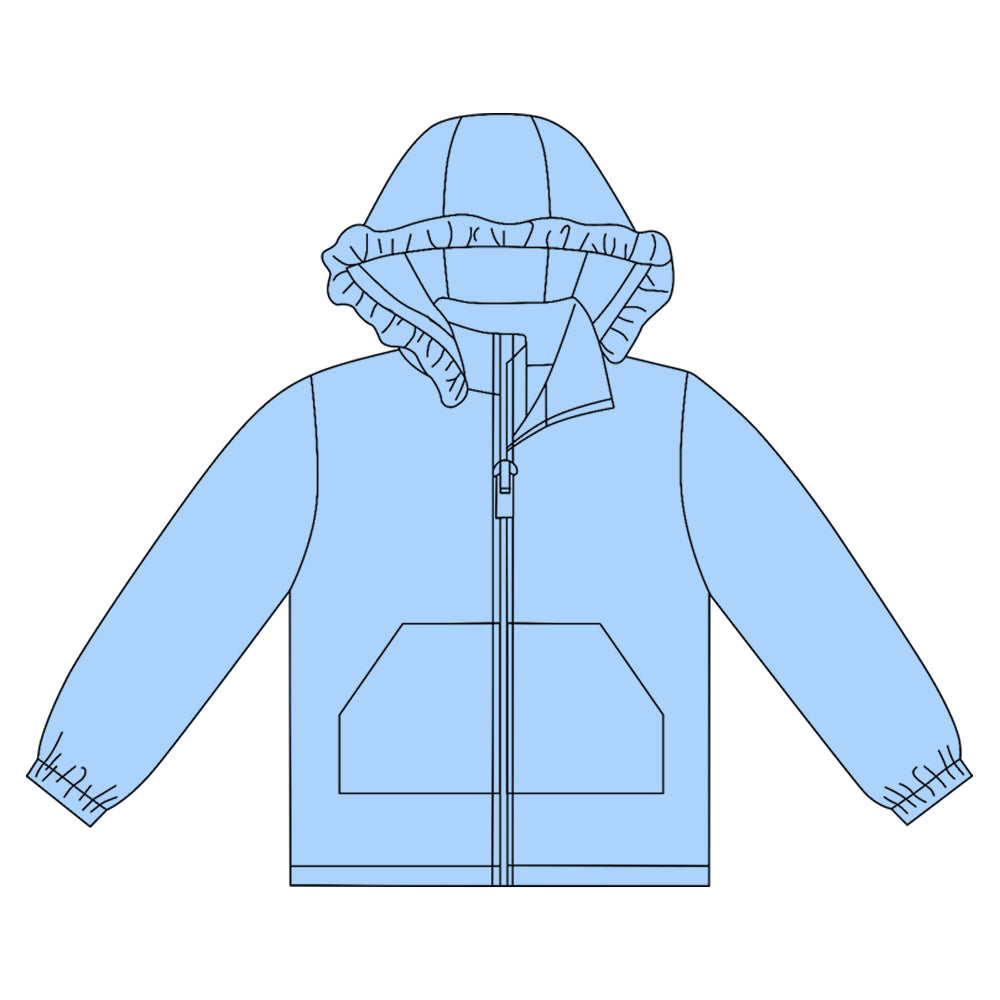 10.1 GT1278 Pre order No Moq Baby Girls Blue Long Sleeve Pockets Zipper Yoga Ruffle Hoodie Jackets