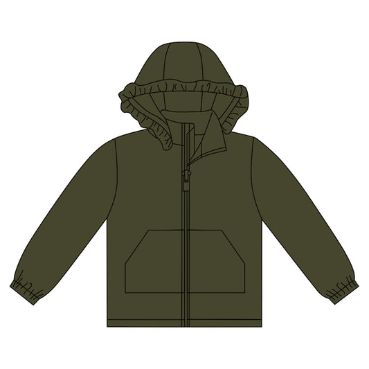10.1 GT1282 Pre order No Moq Baby Girls Olive Long Sleeve Pockets Zipper Yoga Ruffle Hoodie Jackets