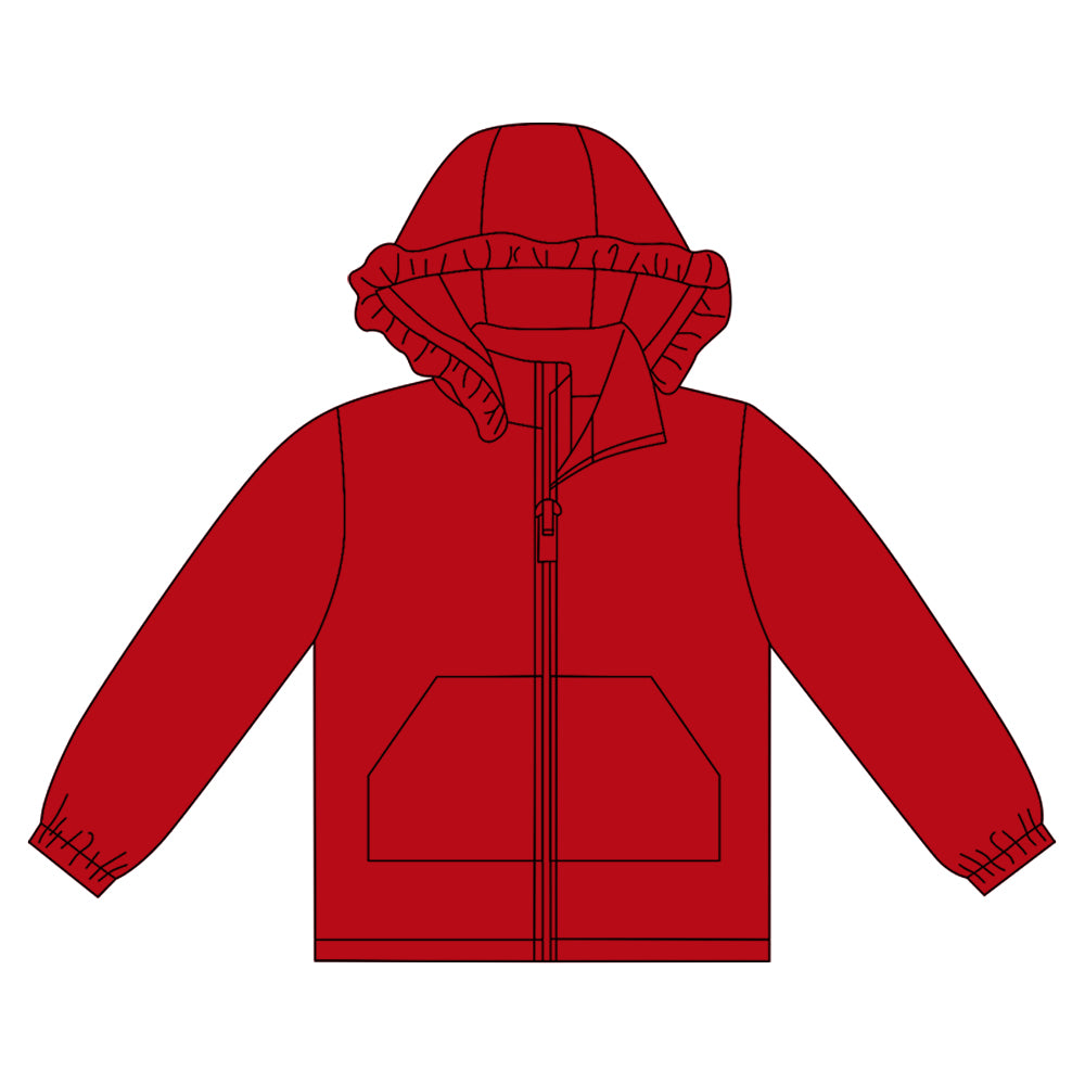 10.1 GT1283 Pre order No Moq Baby Girls Red Long Sleeve Pockets Zipper Yoga Ruffle Hoodie Jackets