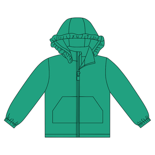 10.1 GT1284 Pre order No Moq Baby Girls Green Long Sleeve Pockets Zipper Yoga Ruffle Hoodie Jackets
