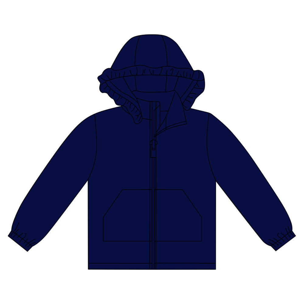 10.1 GT1285 Pre order No Moq Baby Girls Navy Long Sleeve Pockets Zipper Yoga Ruffle Hoodie Jackets