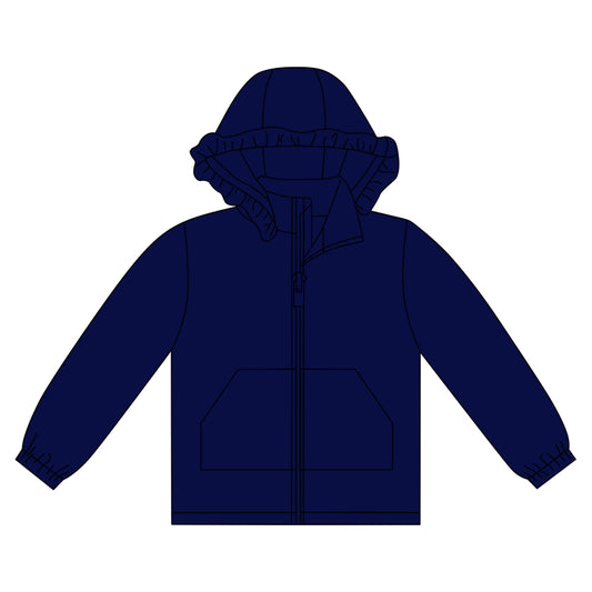 10.1 GT1285 Pre order No Moq Baby Girls Navy Long Sleeve Pockets Zipper Yoga Ruffle Hoodie Jackets