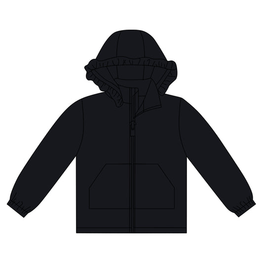 10.1 GT1286 Pre order No Moq Baby Girls Black Long Sleeve Pockets Zipper Yoga Ruffle Hoodie Jackets