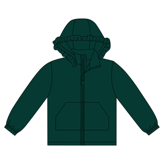10.1 GT1288 Pre order No Moq Baby Girls Dark Green Long Sleeve Pockets Zipper Yoga Ruffle Hoodie Jackets