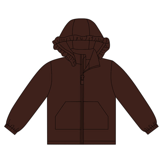 10.1 GT1289 Pre order No Moq Baby Girls Brown Long Sleeve Pockets Zipper Yoga Ruffle Hoodie Jackets