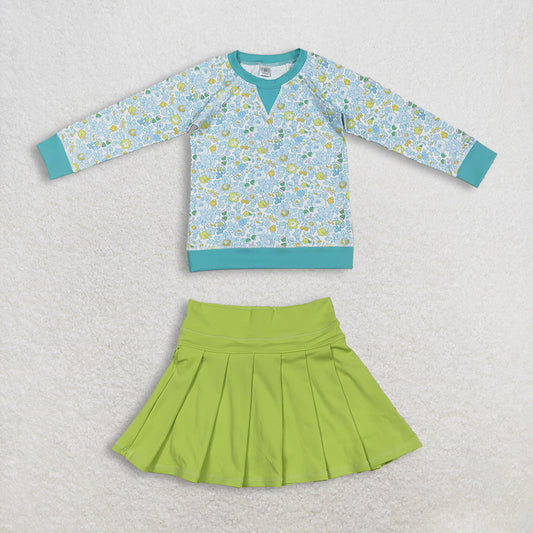 12.24 RTS NO MOQ （In stock）GT1294 + GLK0081 Baby Girls Green Blue Flowers Long Sleeve Yoga Active T-shirts Top Yoga Active Wear Skirts