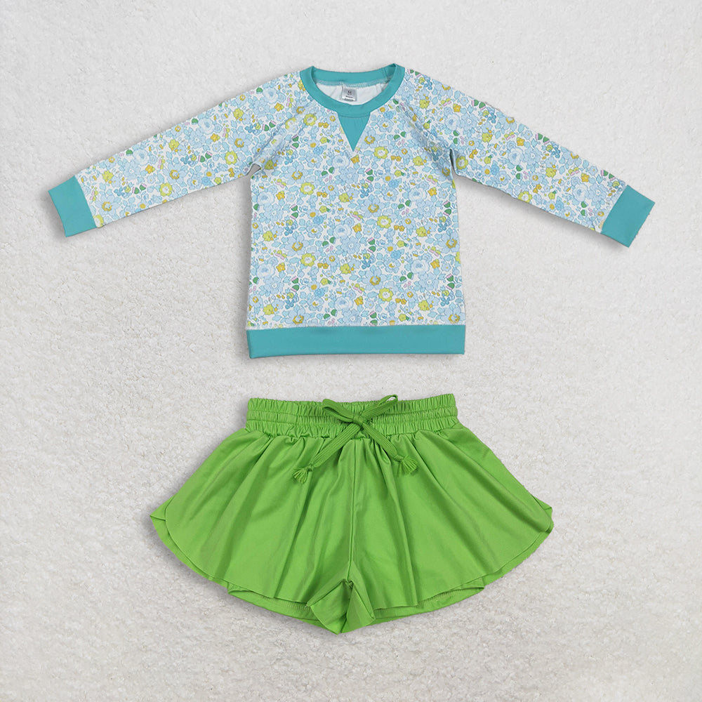 12.24 RTS NO MOQ （In stock）GT1294 + SS0548 Baby Girls Green Blue Flowers Long Sleeve Yoga Active T-shirts Top Yoga Shorts Bottoms