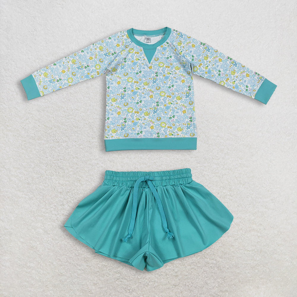 12.24 RTS NO MOQ （In stock）GT1294 + SS055 Baby Girls Green Blue Flowers Long Sleeve Yoga Active T-shirts Top Yoga Shorts Bottoms