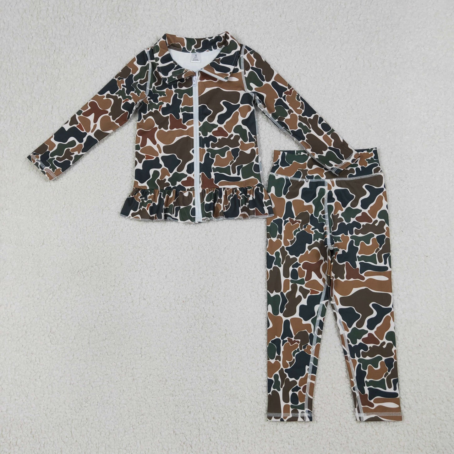 4.1 RTS NO MOQ （In stock）GLP2992 Long sleeves brown camo ruffle top leggings girls yoga set
