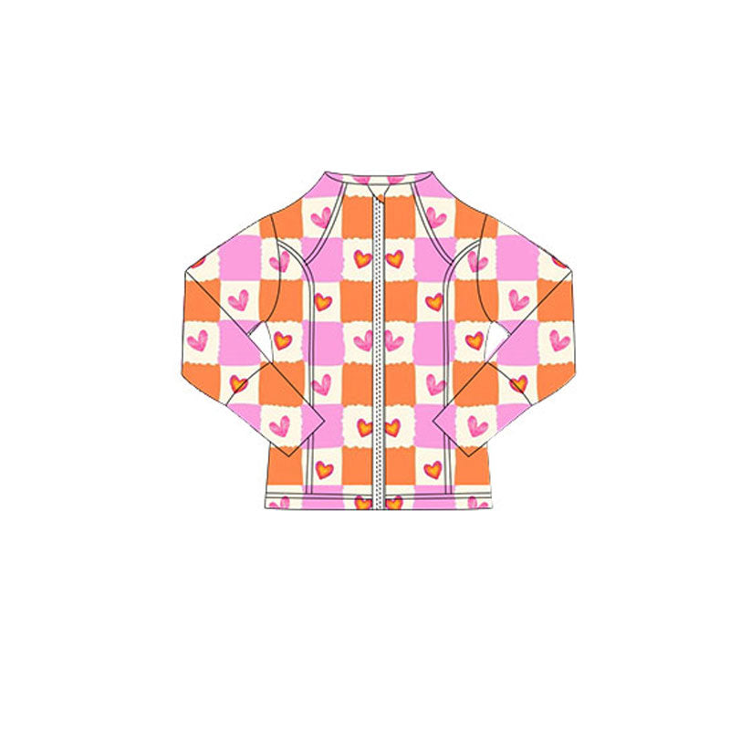 10.18 GT1342 Pre order No Moq Yoga fabric Baby Girls Pink Orange Hearts Checked Valentine Yoga Zipper Jackets Top