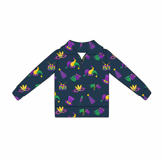 10.18 GT1366 Pre order No Moq Yoga fabric Baby Girls Mardigras Anchors Masks Zipper Pullovers Top