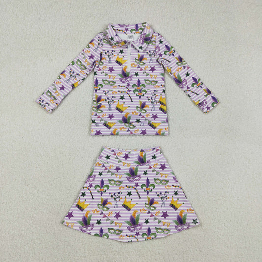 12.4 RTS NO MOQ （In stock）GT1369+GLK0167 Baby Girls Mardigras Stripe Anchor Mask Zipper Pockets Yoga Active Pullovers Top Active Skirt Shorts Bottom