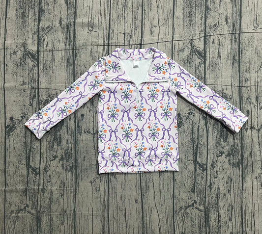 1.8 GT1371 Sample No Moq Yoga fabric Baby Girls Purple Bows Flowers Checked Yoga Zipper Pullovers Top