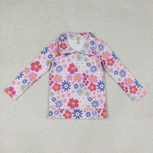 12.9 RTS NO MOQ （In stock）GT1373 Baby Girls Pink Blue Daisy Flowers Yoga Active Zipper Pullovers Top