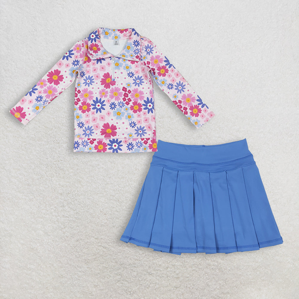 12.11 RTS NO MOQ （In stock）GT1373 +  GLK0084 Baby Girls Pink Blue Daisy Flowers Yoga Active Zipper Pullovers Top Active Wear Skirts