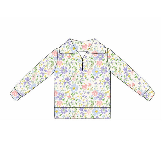 10.21 GT1375 Pre order No Moq Yoga fabric Baby Girls Pink Purple Floral Yoga Zipper Pullovers Top