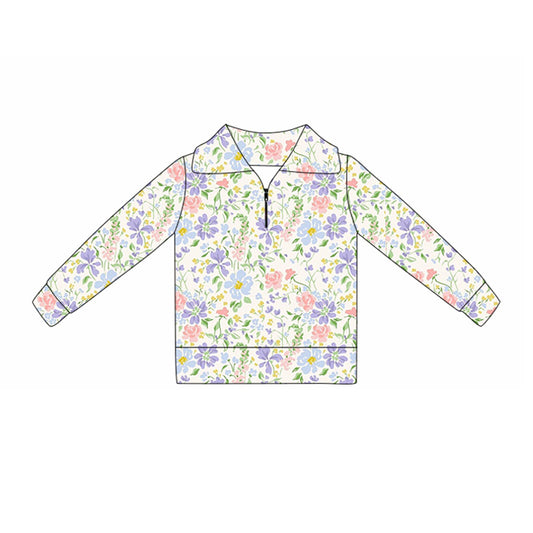 10.21 GT1375 Pre order No Moq Yoga fabric Baby Girls Pink Purple Floral Yoga Zipper Pullovers Top