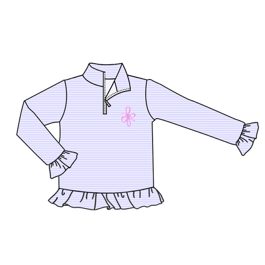 10.27 GT1391 Pre order No Moq Baby Girls Long Ruffle Sleeve Lavender Stripes Bows Zipper Pullovers Top
