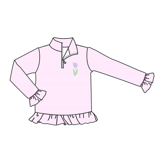 10.27 GT1392 Pre order No Moq Baby Girls Long Ruffle Sleeve Pink Stripes Flowers Zipper Pullovers Top