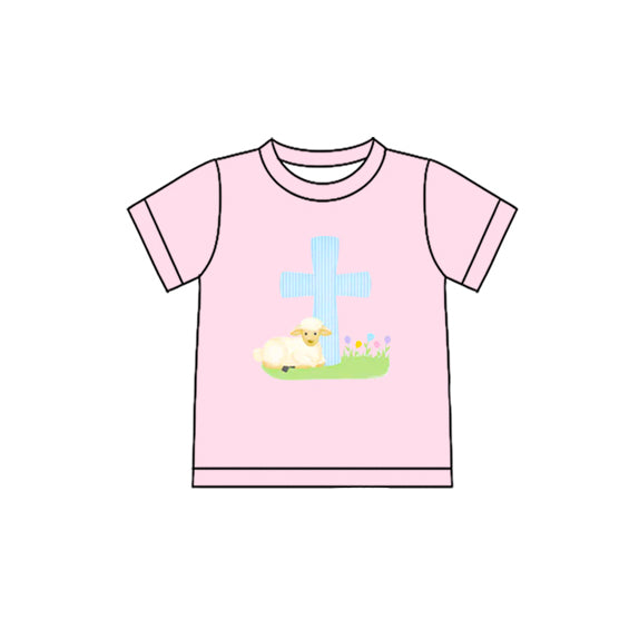 10.27 (Pre Order) No moq GT1394 PRE-ORDER Baby Girls Pink Short Sleeve Cross Sheep Easter T-shirts Top