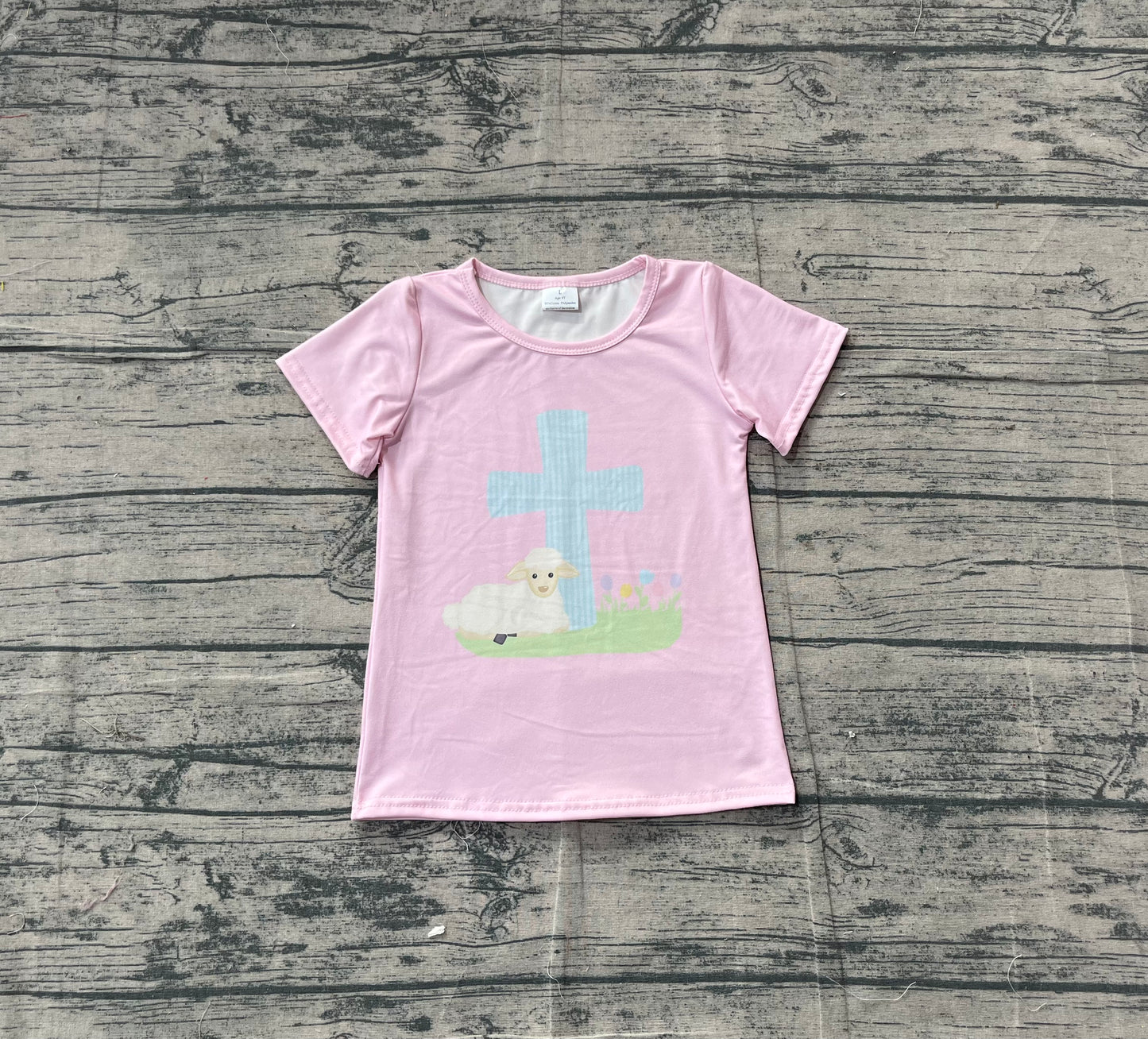 11.10 GT1394 Sample No Moq Baby Girls Pink Short Sleeve Cross Sheep Easter T-shirts Top