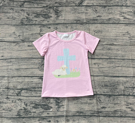 11.10 GT1394 Sample No Moq Baby Girls Pink Short Sleeve Cross Sheep Easter T-shirts Top