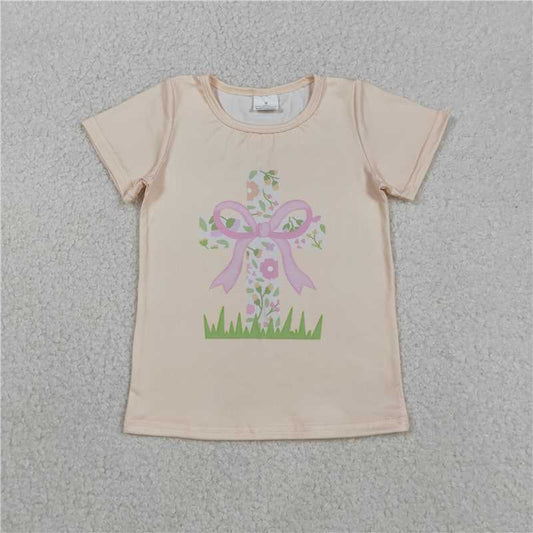 11.29 RTS NO MOQ （In stock）GT1397 Baby Girls Short Sleeve Flowers Cross Easter T-shirts Top