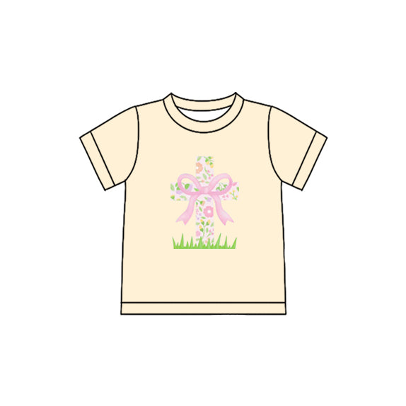 10.27 (Pre Order) No moq GT1397 PRE-ORDER Baby Girls Yellow Short Sleeve Flowers Cross Easter T-shirts Top