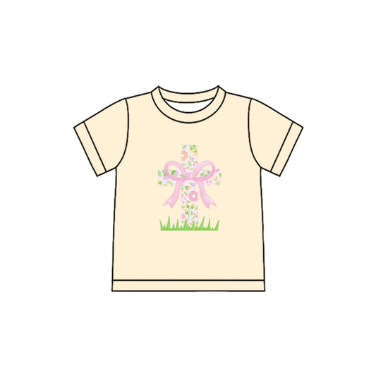 10.27 (Pre Order) No moq GT1397 PRE-ORDER Baby Girls Yellow Short Sleeve Flowers Cross Easter T-shirts Top